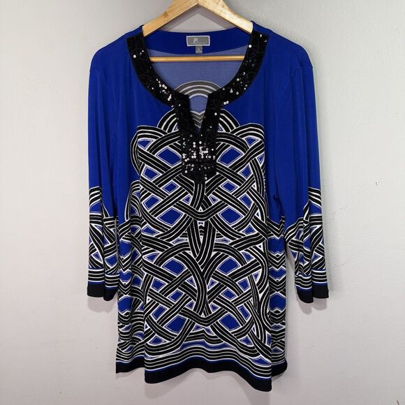 JM Collection XL Tunic Top Blue Black White Geometric Long Sleeve Sequined - Picture 5 of 8